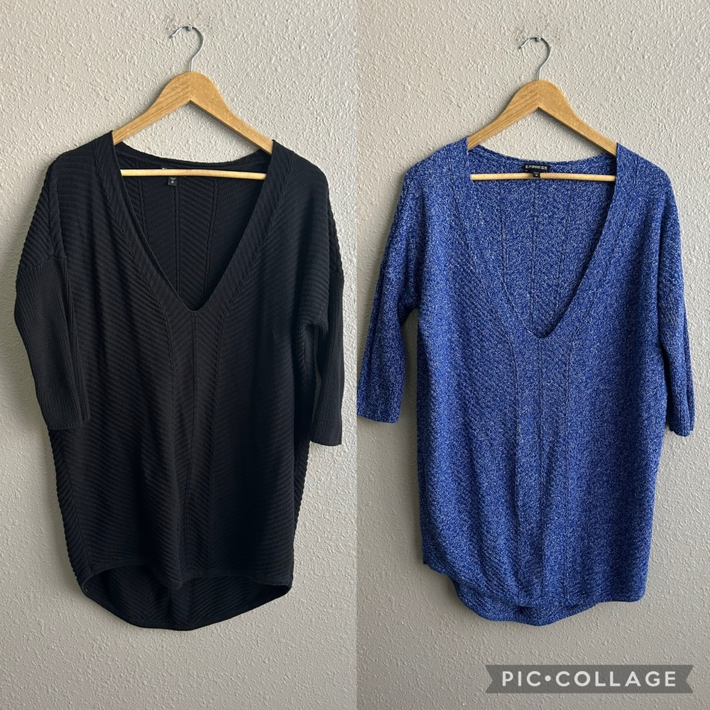 Express Black Blue Deep V-neck Oversized Drapey 3/4 Cotton Sweater Bundle of Two